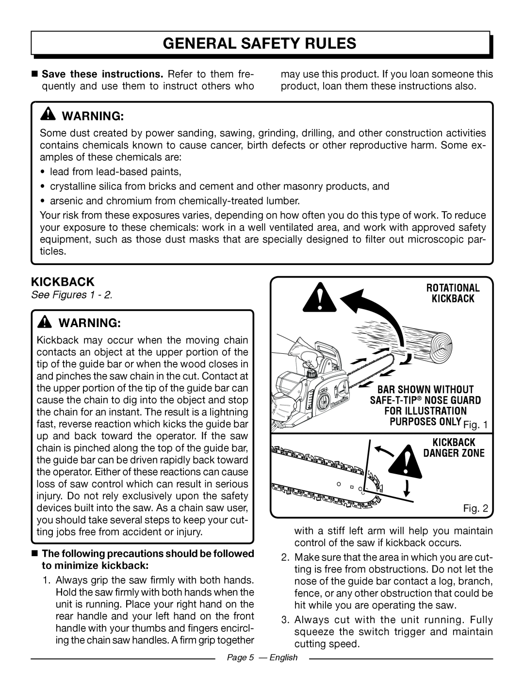 Homelite UT43102 General Safety Rules, See Figures 1, Rotational Kickback, Safe-T-Tip Nose Guard, Kickback Danger Zone 