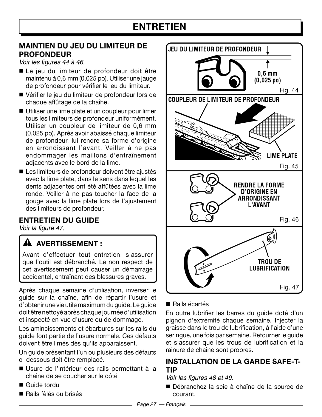 Homelite UT43102 Maintien Du Jeu Du Limiteur De Profondeur, Entretien Du Guide, Installation De La Garde Safe-T- Tip 
