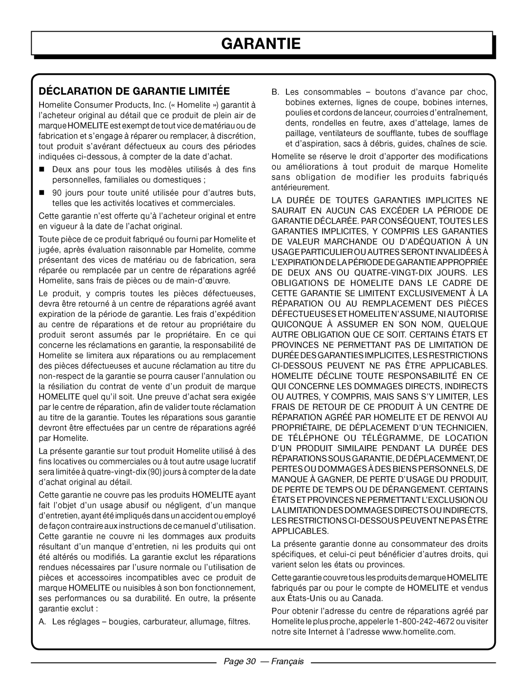 Homelite UT43122, UT43102 manuel dutilisation Déclaration De Garantie Limitée, Page 30 - Français 