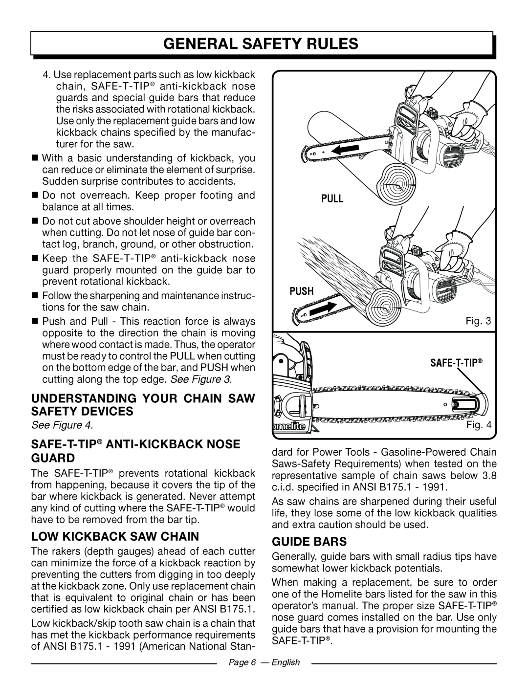 Homelite UT43122 Understanding Your Chain Saw Safety Devices, Safe-T-Tip Anti-Kickback Nose Guard, Low Kickback Saw Chain 