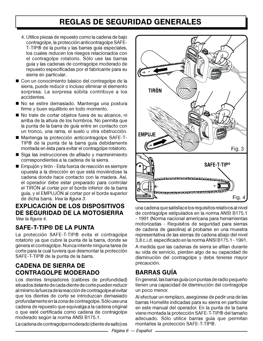 Homelite UT43122 Safe-T-Tip De La Punta, Barras Guía, Explicación De Los Dispositivos De Seguridad De La Motosierra 