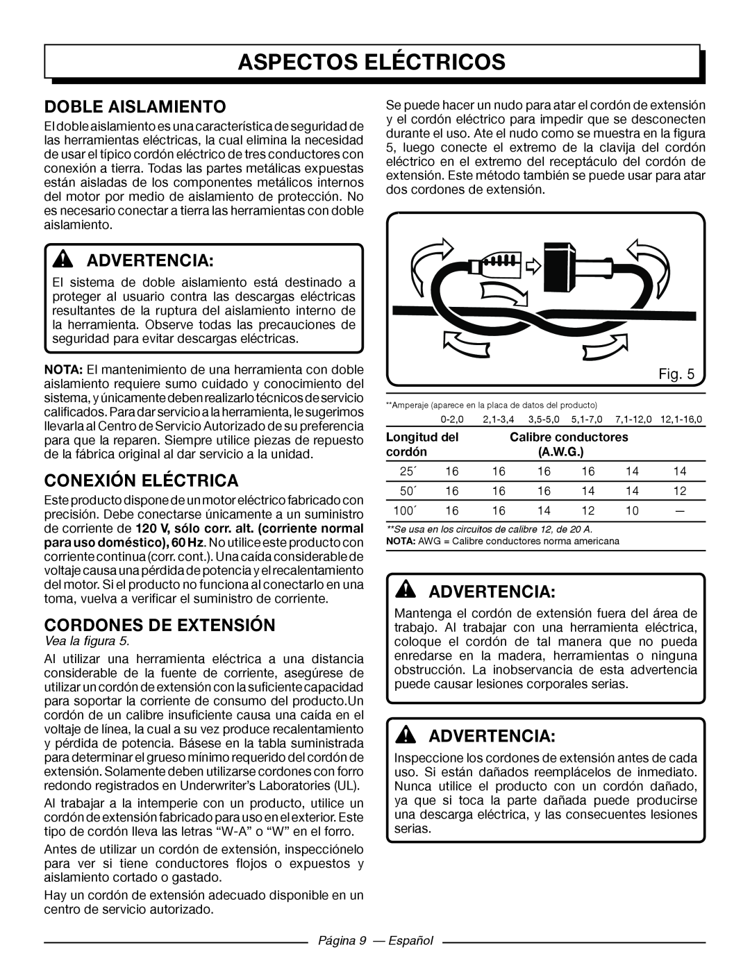 Homelite UT43102 Aspectosfeatureseléctricos, Doble Aislamiento, Conexión Eléctrica, Cordones De Extensión, Advertencia 