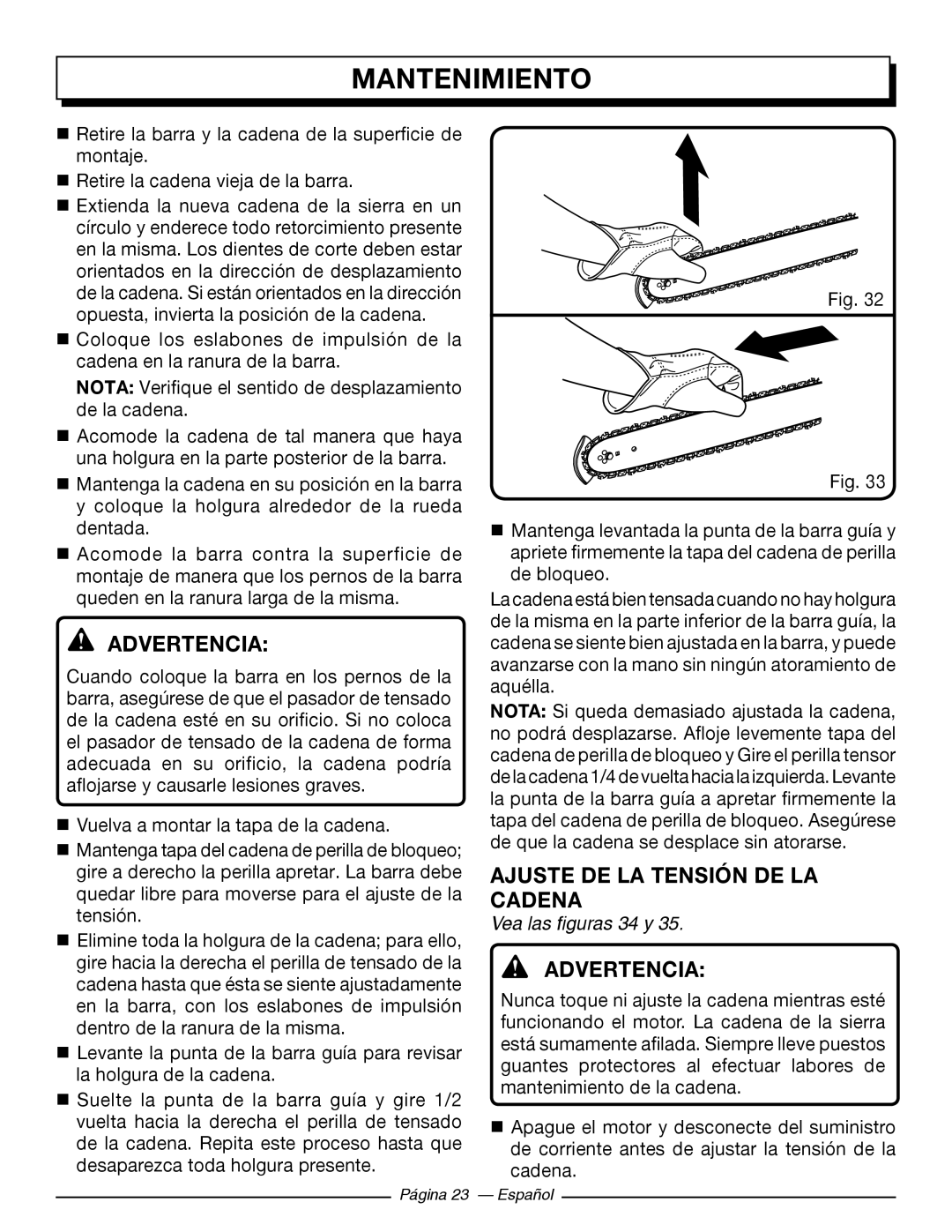 Homelite UT43102, UT43122 Ajuste De La Tensión De La Cadena, Mantenimiento, Advertencia, Vea las figuras 34 y 