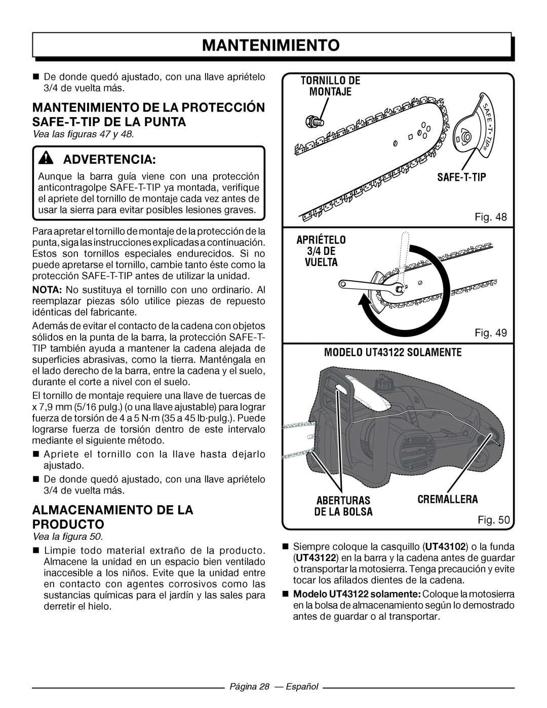 Homelite UT43122 Almacenamiento De La Producto, Mantenimiento De La Protección Safe-T-Tip De La Punta, Advertencia 