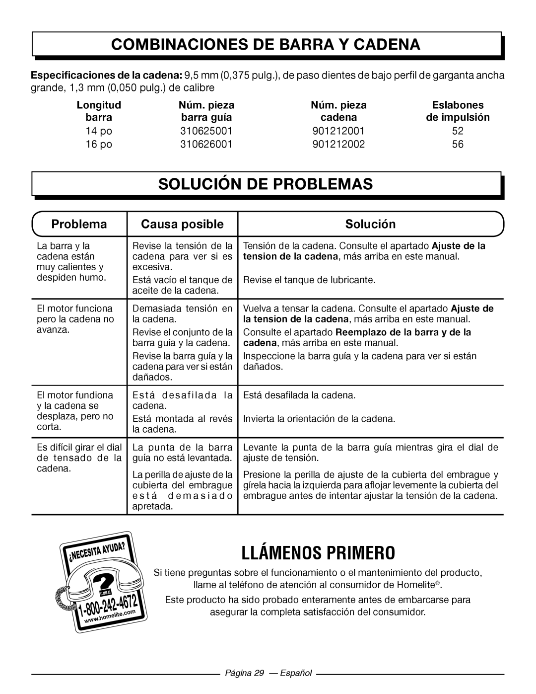 Homelite UT43102 Llámenos Primero, Combinaciones De Barra Y Cadena, Solución De Problemas, Causa posible, Núm. pieza, 4672 