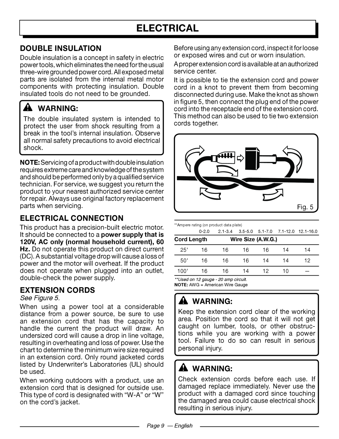 Homelite UT43102, UT43122 Featureselectrical, Double Insulation, Electrical Connection, Extension Cords, See Figure 