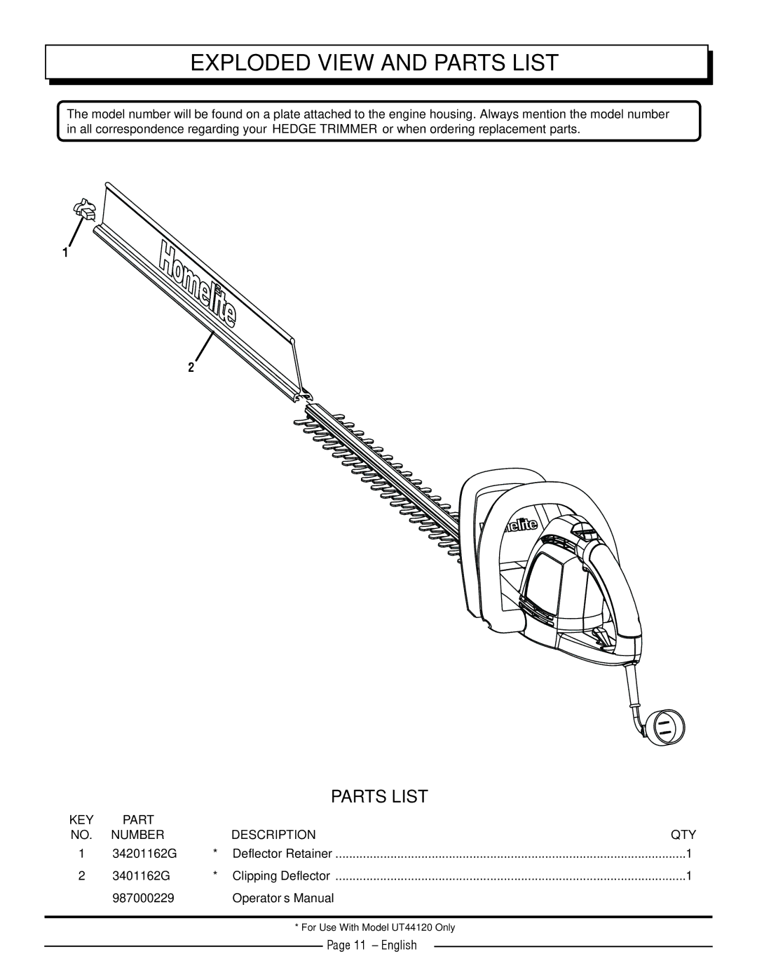 Homelite UT44110, UT44120 manuel dutilisation Exploded view and parts list, Key, Part, Number Description QTY 