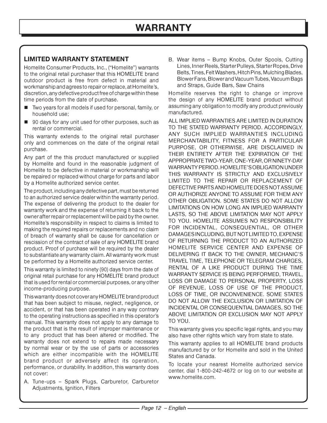 Homelite UT44120, UT44110 manuel dutilisation Limited Warranty Statement 