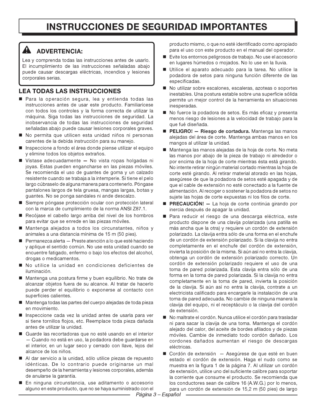 Homelite UT44110, UT44120 Instrucciones DE Seguridad Importantes, Advertencia, Lea todas las instrucciones 