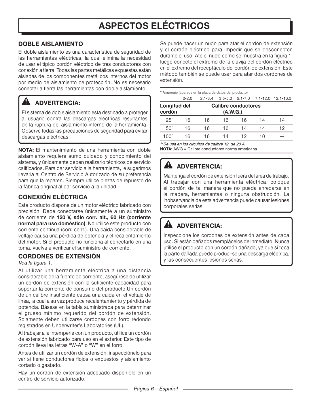 Homelite UT44120, UT44110 Aspectosfeatureseléctricos, Doble Aislamiento, Conexión Eléctrica, Cordones DE Extensión 