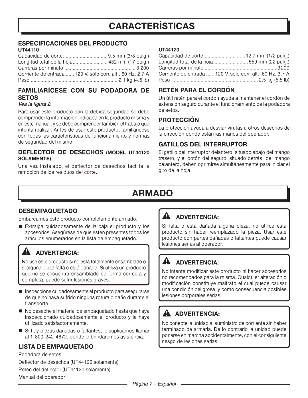 Homelite UT44110, UT44120 manuel dutilisation Características, Armado 