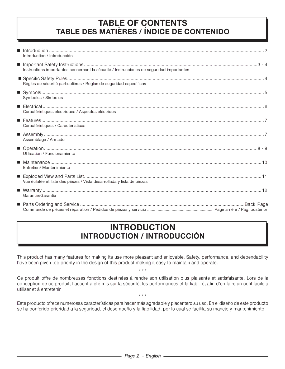 Homelite UT44120, UT44110 manuel dutilisation Table of Contents 