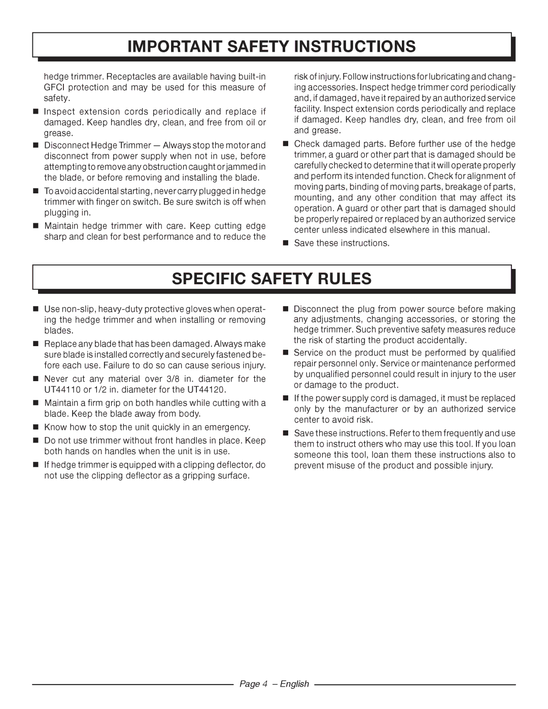 Homelite UT44120, UT44110 manuel dutilisation Specific Safety Rules 