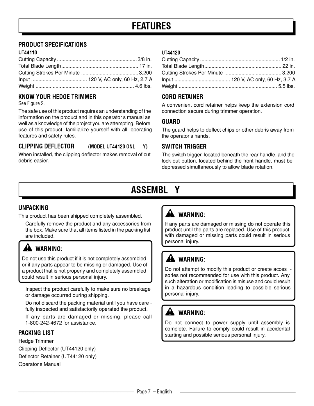 Homelite UT44110, UT44120 manuel dutilisation Assembly, Product Specifications, Guard, Unpacking, Packing List 