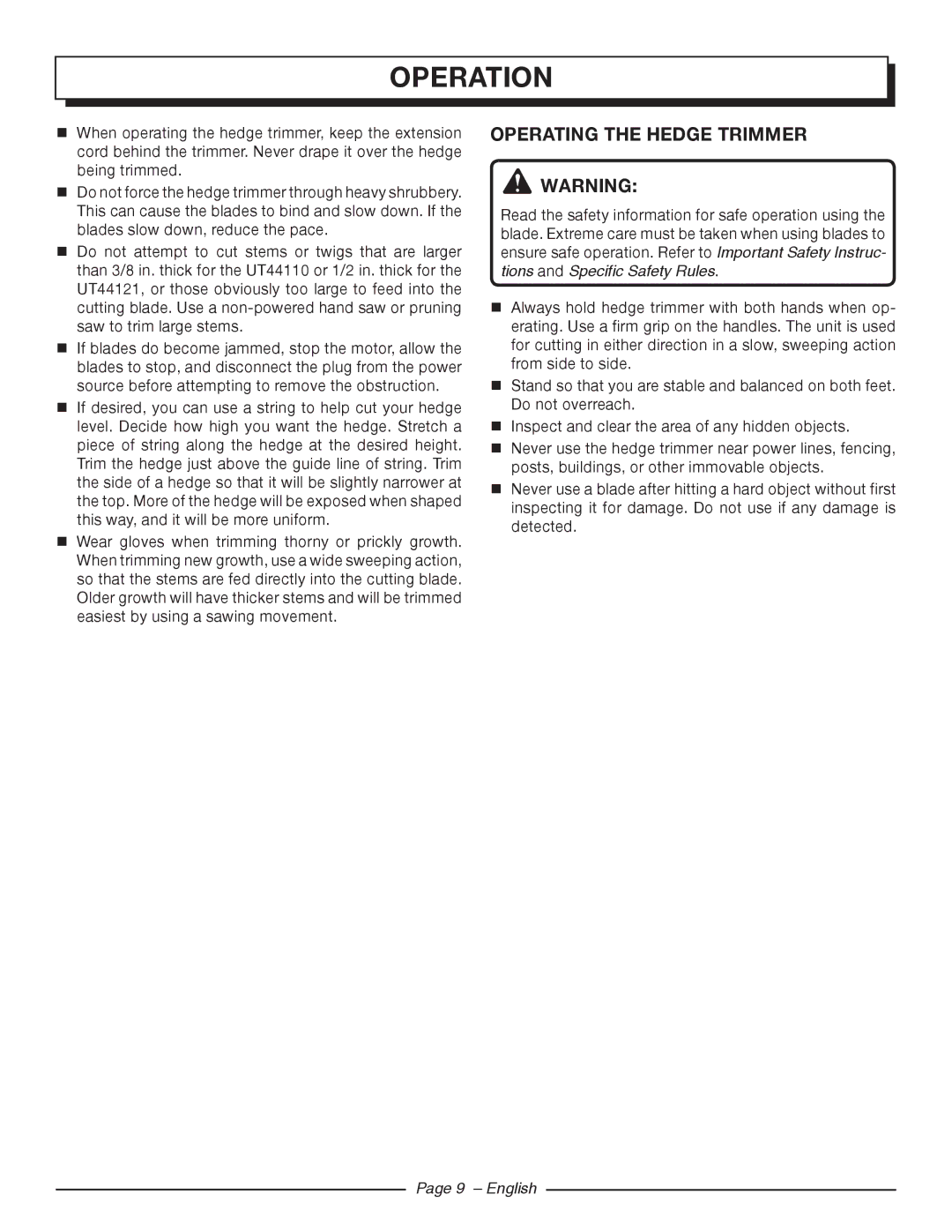 Homelite UT44121 manuel dutilisation Operating the Hedge Trimmer, English 