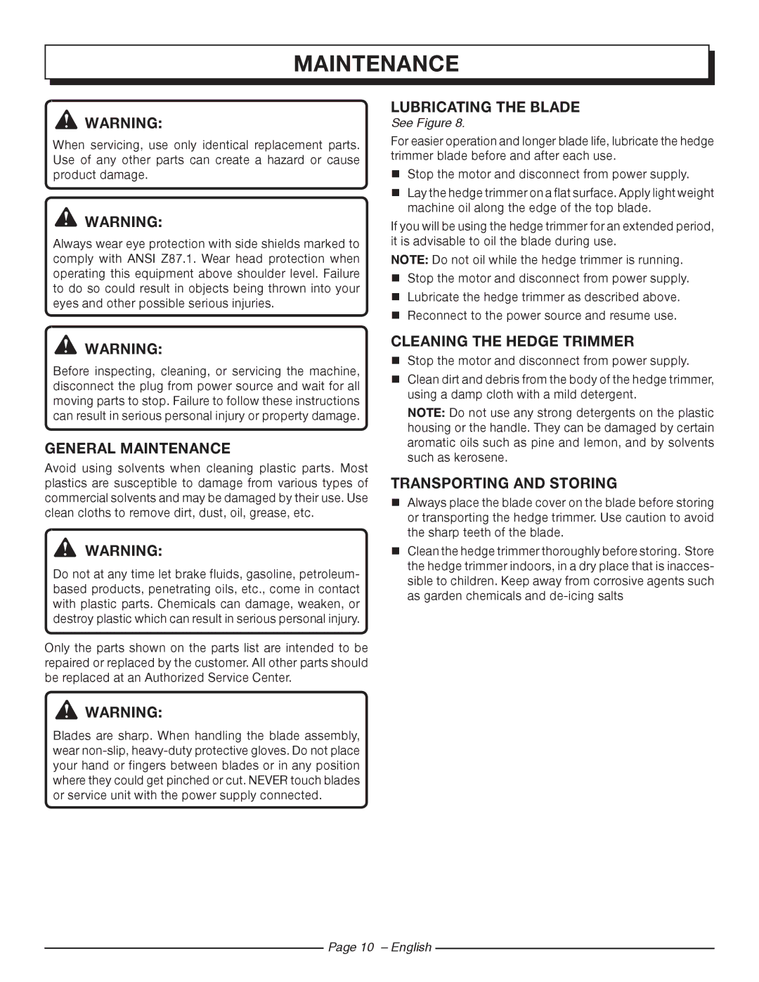 Homelite UT44121 General Maintenance, Lubricating the Blade, Cleaning the Hedge Trimmer, Transporting and Storing 