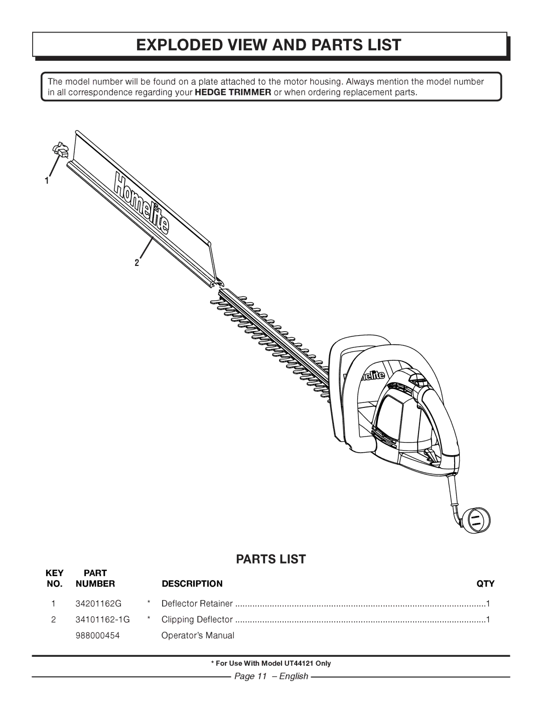 Homelite UT44121 manuel dutilisation Exploded View and Parts List, KEY Part Number Description QTY, English 