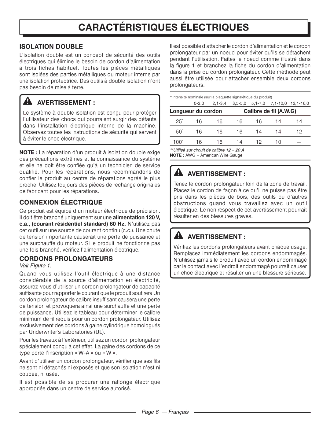 Homelite UT44121 Caractéristiquesfonctionsélectriques, Isolation Double, Connexion Électrique, Cordons Prolongateurs 