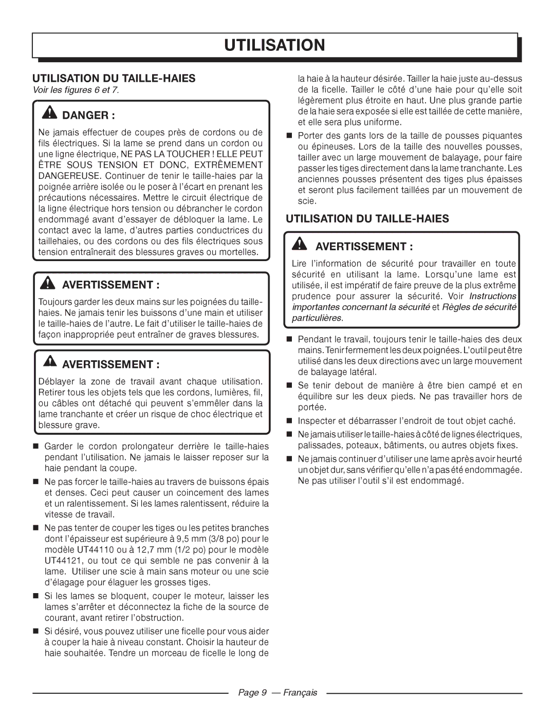 Homelite UT44121 manuel dutilisation Utilisation DU TAILLE-HAIES Avertissement, Voir les figures 6 et, Français 