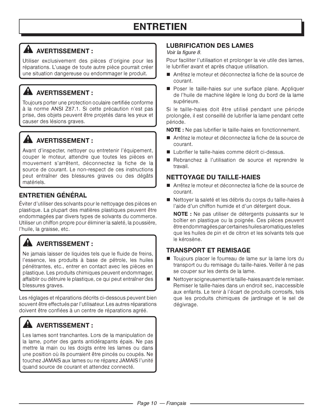 Homelite UT44121 Entretien Général, Lubrification DES Lames, Nettoyage DU TAILLE-HAIES, Transport ET Remisage 