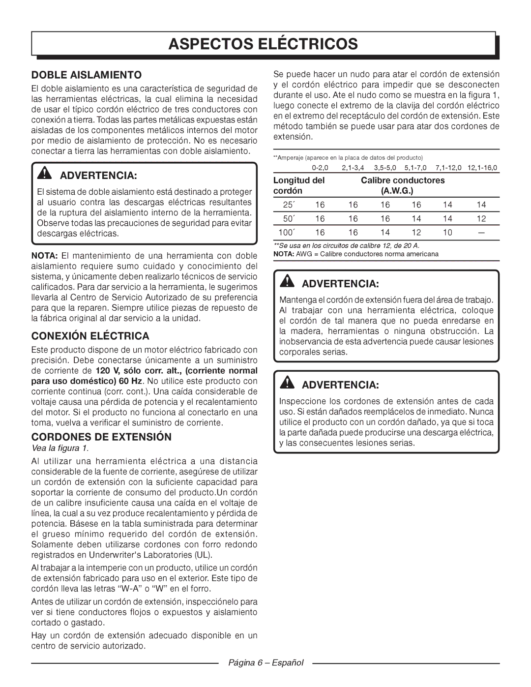 Homelite UT44121 Aspectosfeatureseléctricos, Doble Aislamiento, Conexión Eléctrica, Cordones DE Extensión 