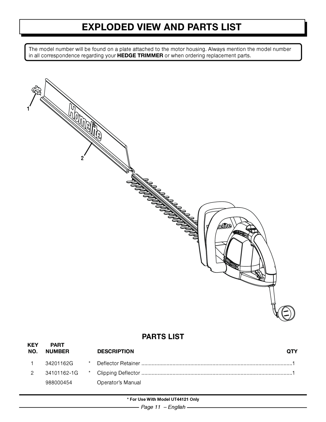 Homelite Exploded View And Parts List, Number, Description, Page 11 - English, For Use With Model UT44121 Only 
