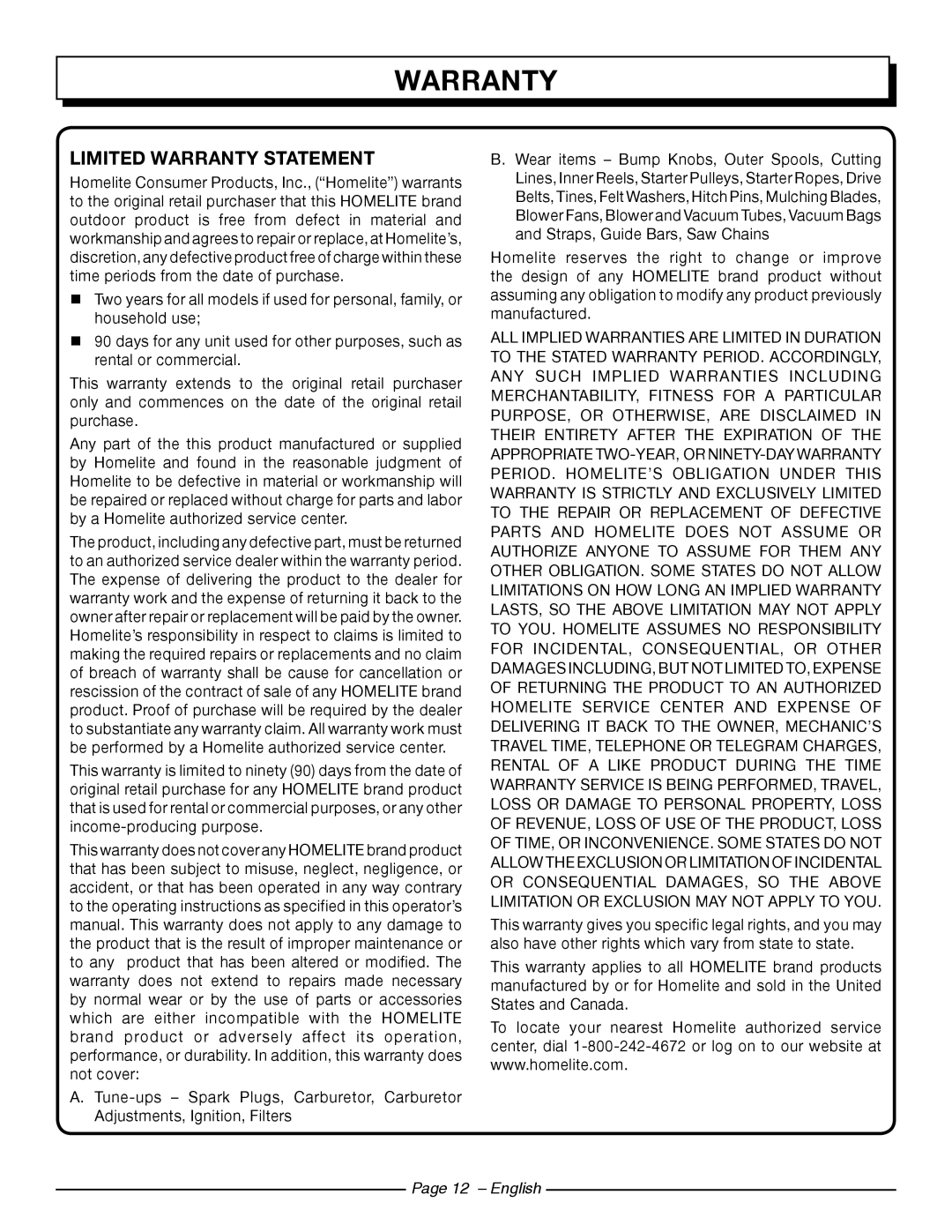Homelite UT44121 manuel dutilisation Limited Warranty Statement, Page 12 - English 