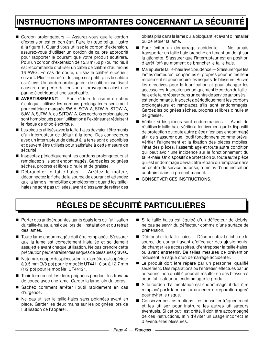 Homelite UT44121 Règles De Sécurité Particulières, Page 4 - Français, Instructions Importantes Concernant La Sécurité 