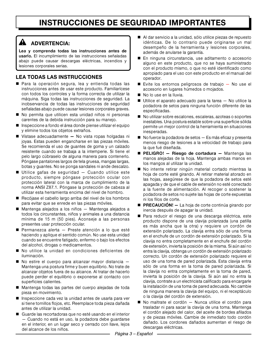 Homelite UT44121 Instrucciones De Seguridad Importantes, Advertencia, Lea Todas Las Instrucciones, Página 3 - Español 