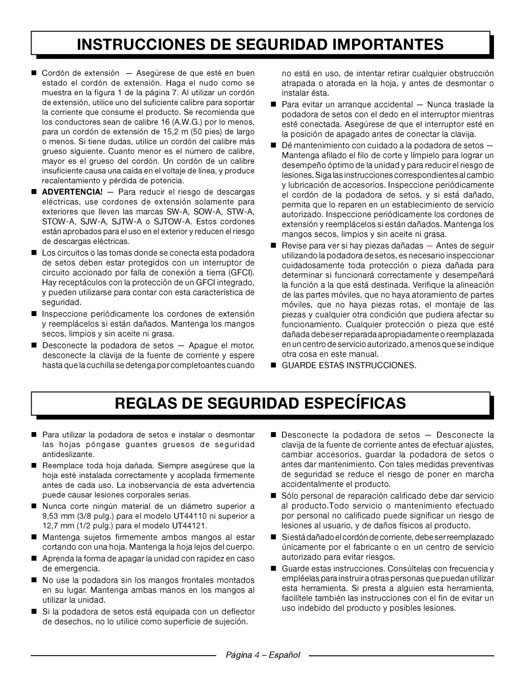 Homelite UT44121 Reglas De Seguridad Específicas, Página 4 - Español, Instrucciones De Seguridad Importantes 