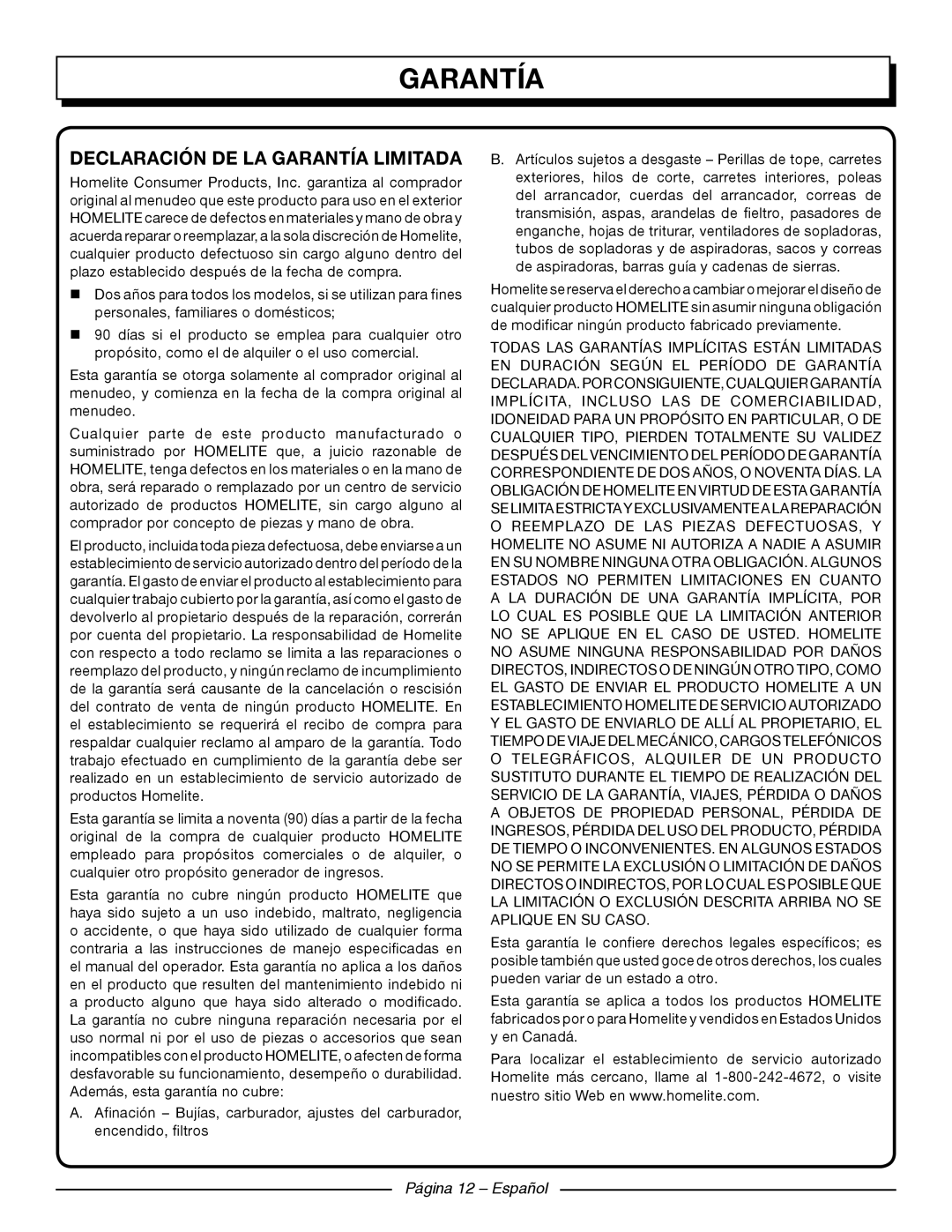 Homelite UT44121 manuel dutilisation Declaración De La Garantía Limitada, Página 12 – Español 