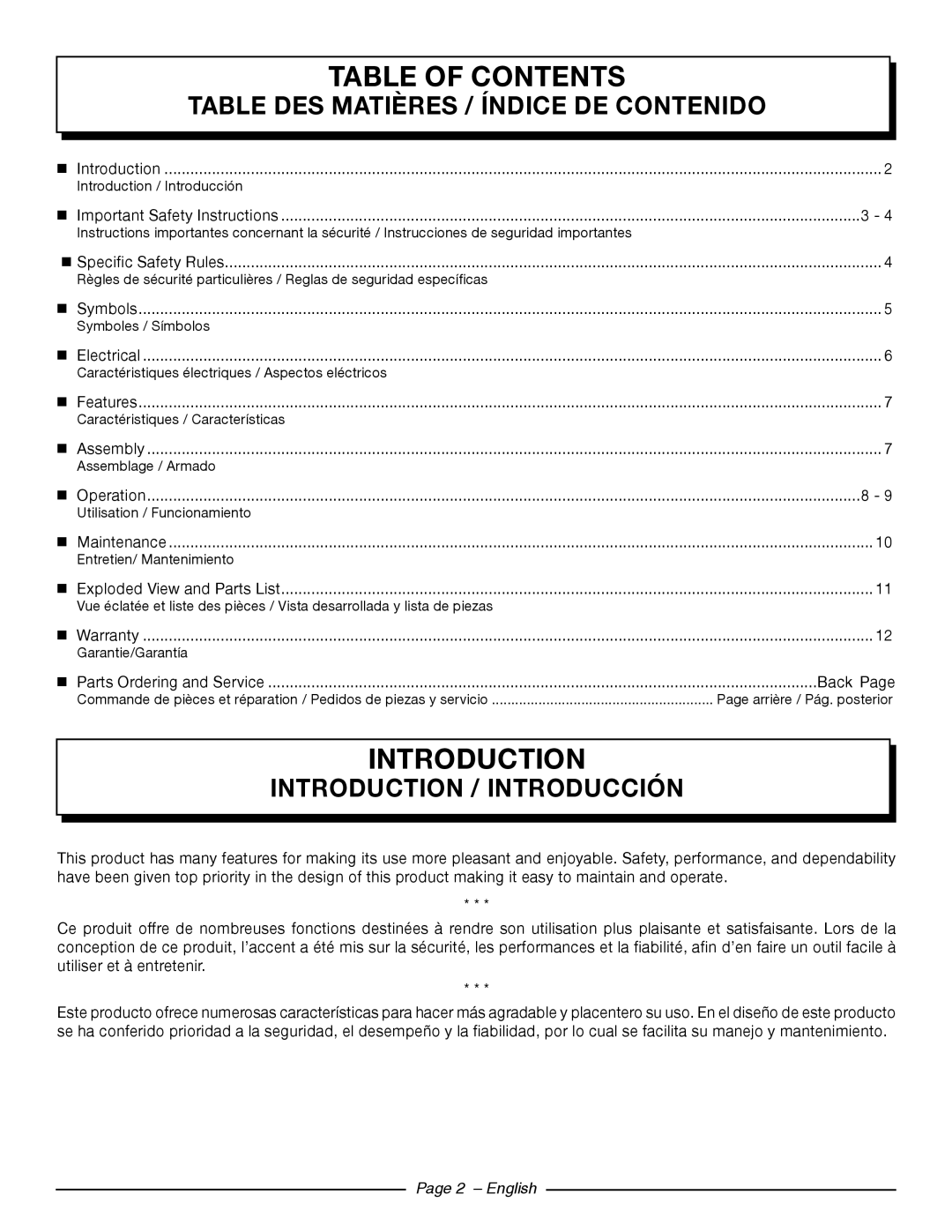 Homelite UT44121 Table Of Contents, Introduction, Page 2 - English, Table Des Matières / Índice De Contenido 