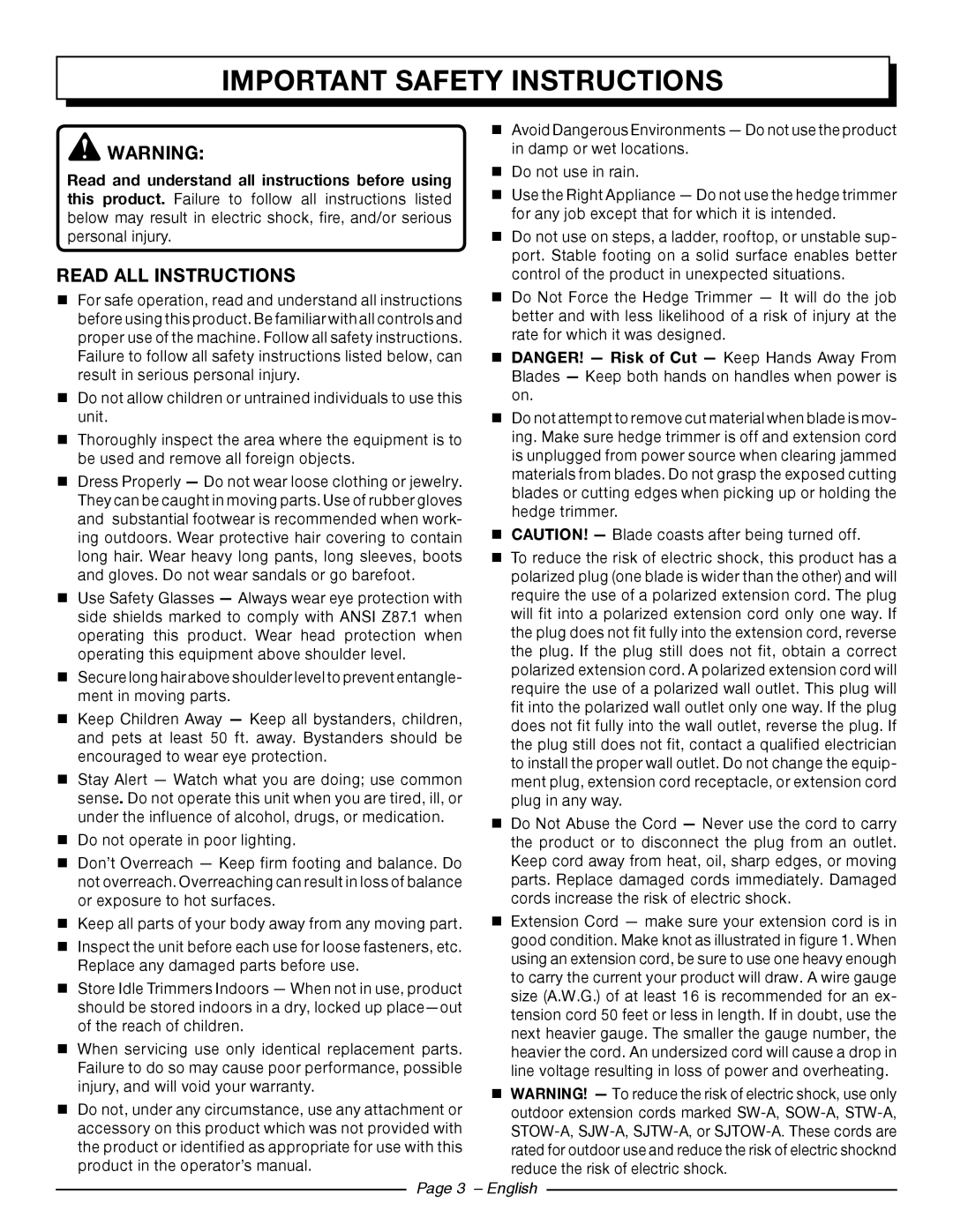 Homelite UT44121 manuel dutilisation Important Safety Instructions, Read All Instructions, Page 3 - English 