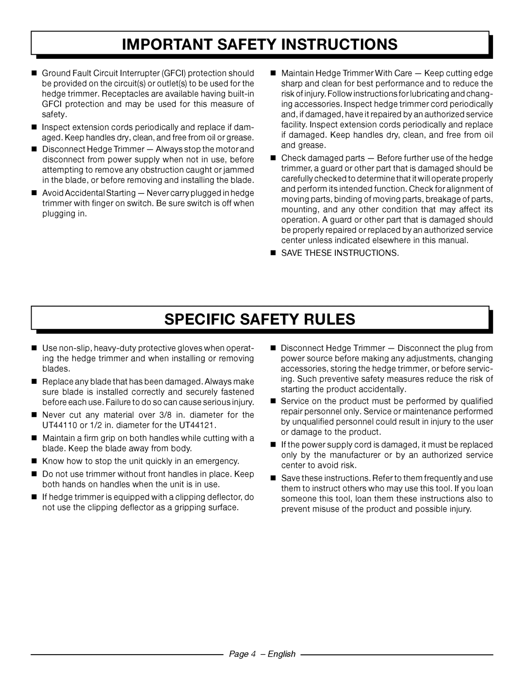 Homelite UT44121 manuel dutilisation Specific Safety Rules, Page 4 - English, Important Safety Instructions 