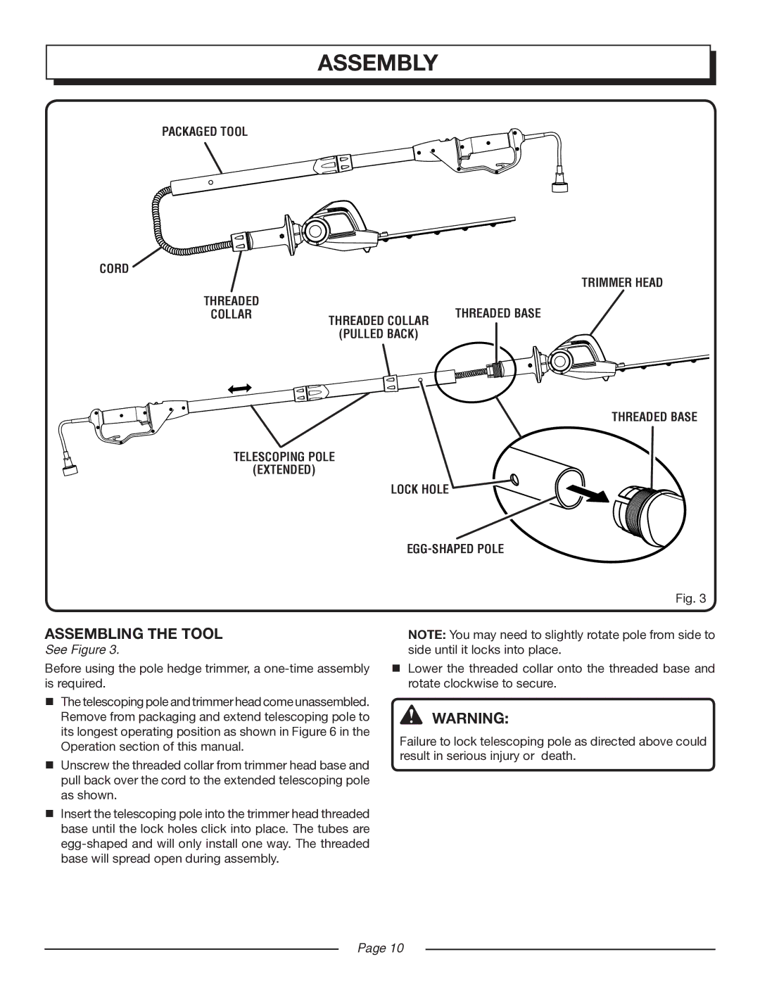 Homelite UT44160 manual Assembling the tool 