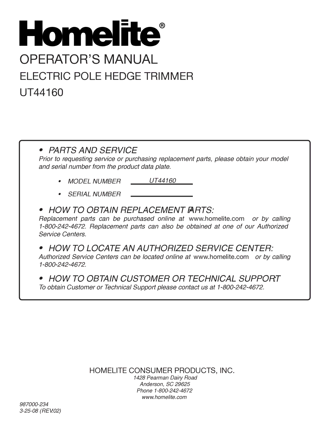 Homelite UT44160 manual Parts and Service 