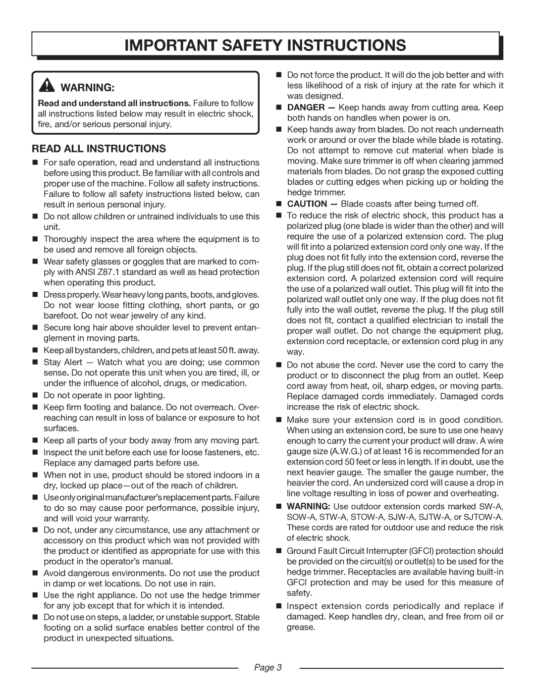 Homelite UT44160 manual Important safety instructions, Read all instructions 