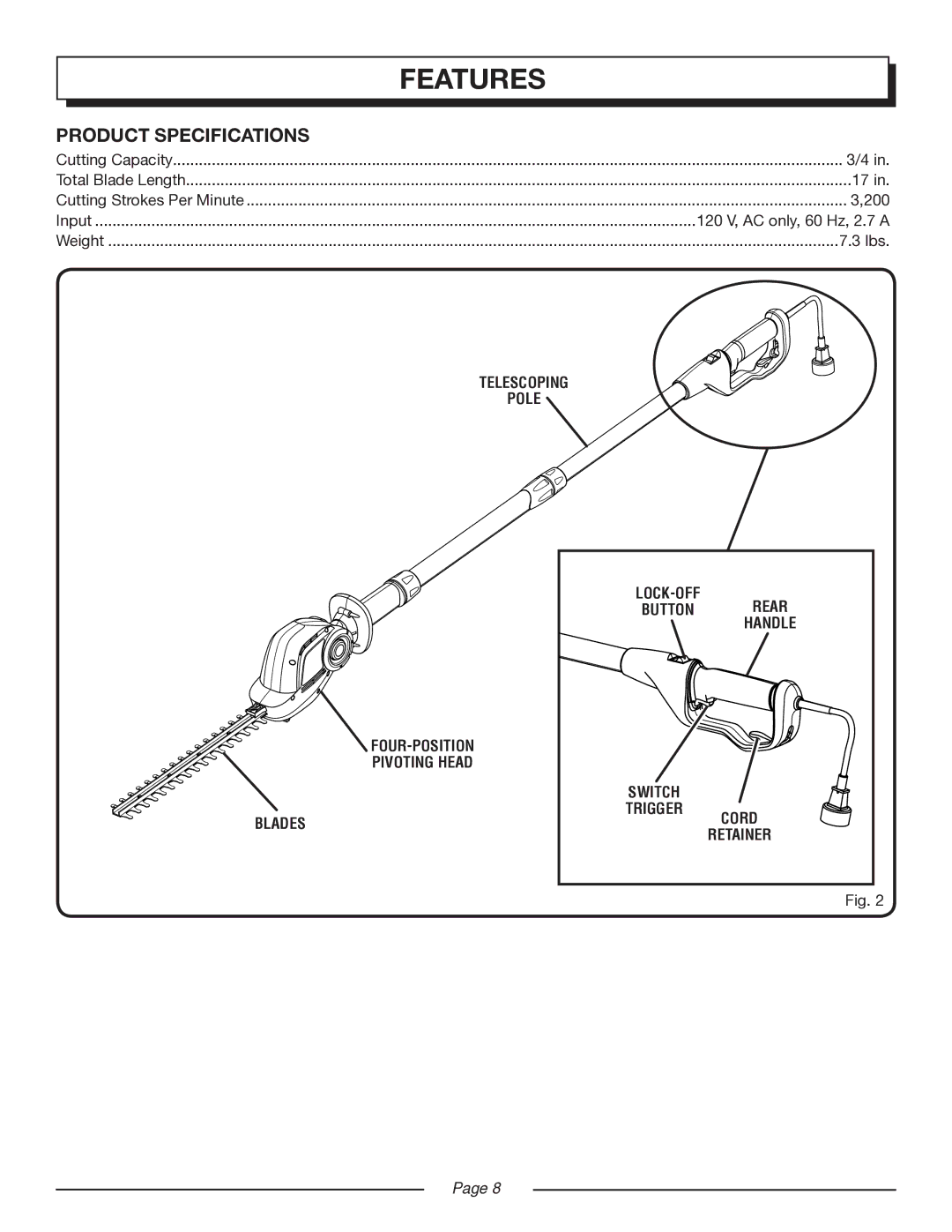 Homelite UT44160 manual Features, Product Specifications 