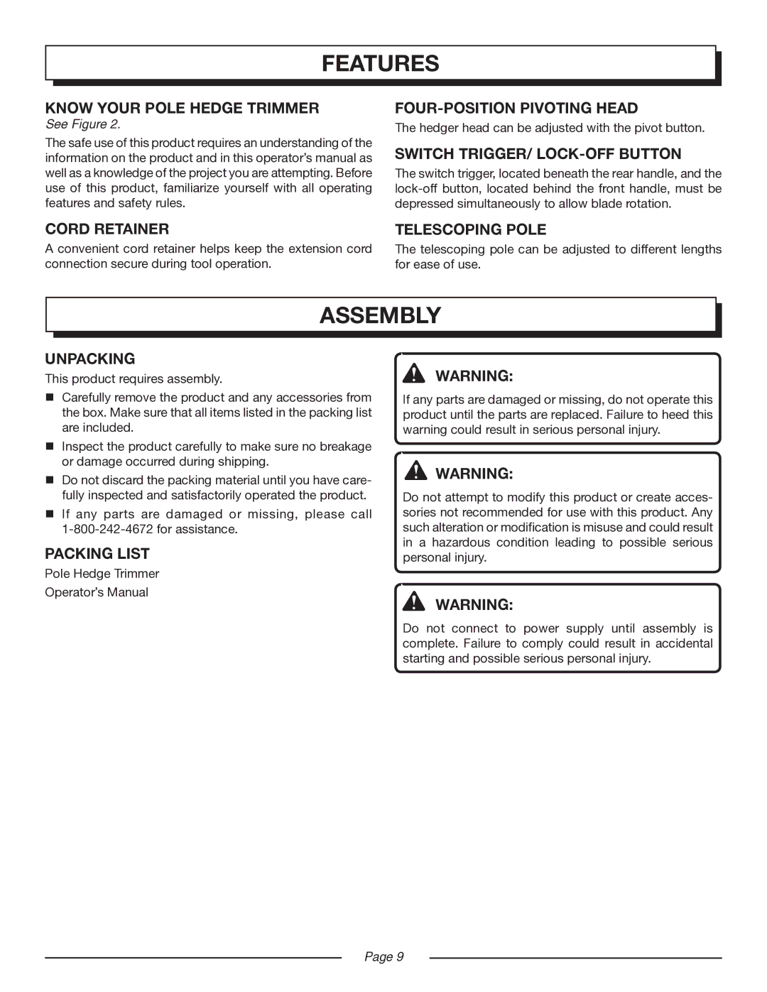 Homelite UT44160 manual Assembly, Unpacking, Packing List 