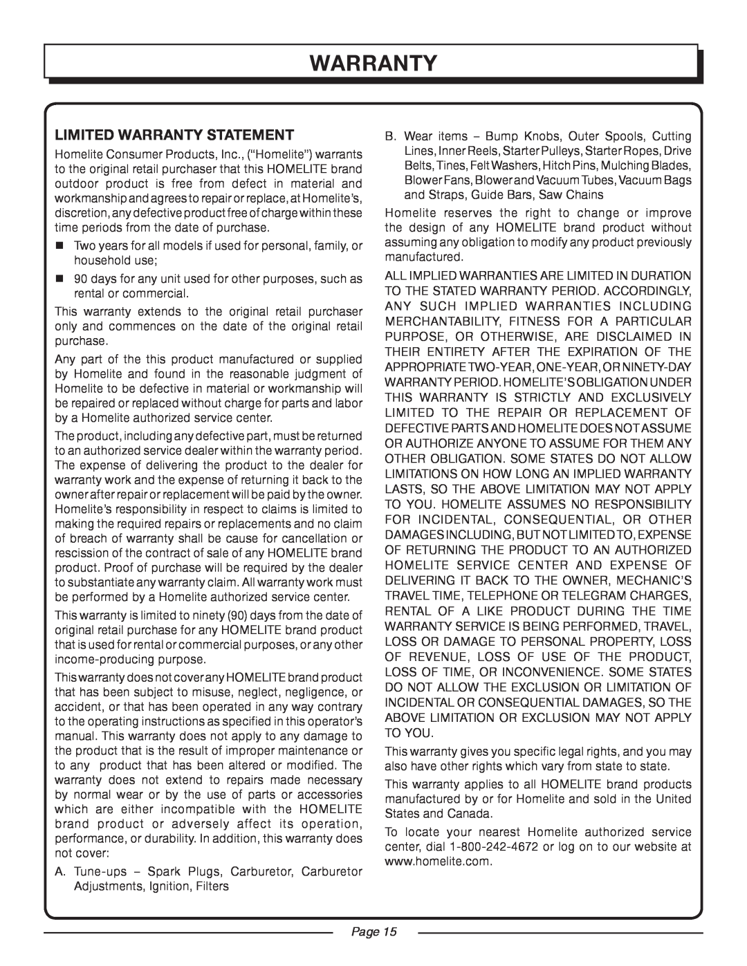 Homelite UT44160 manual Limited Warranty Statement, Page 