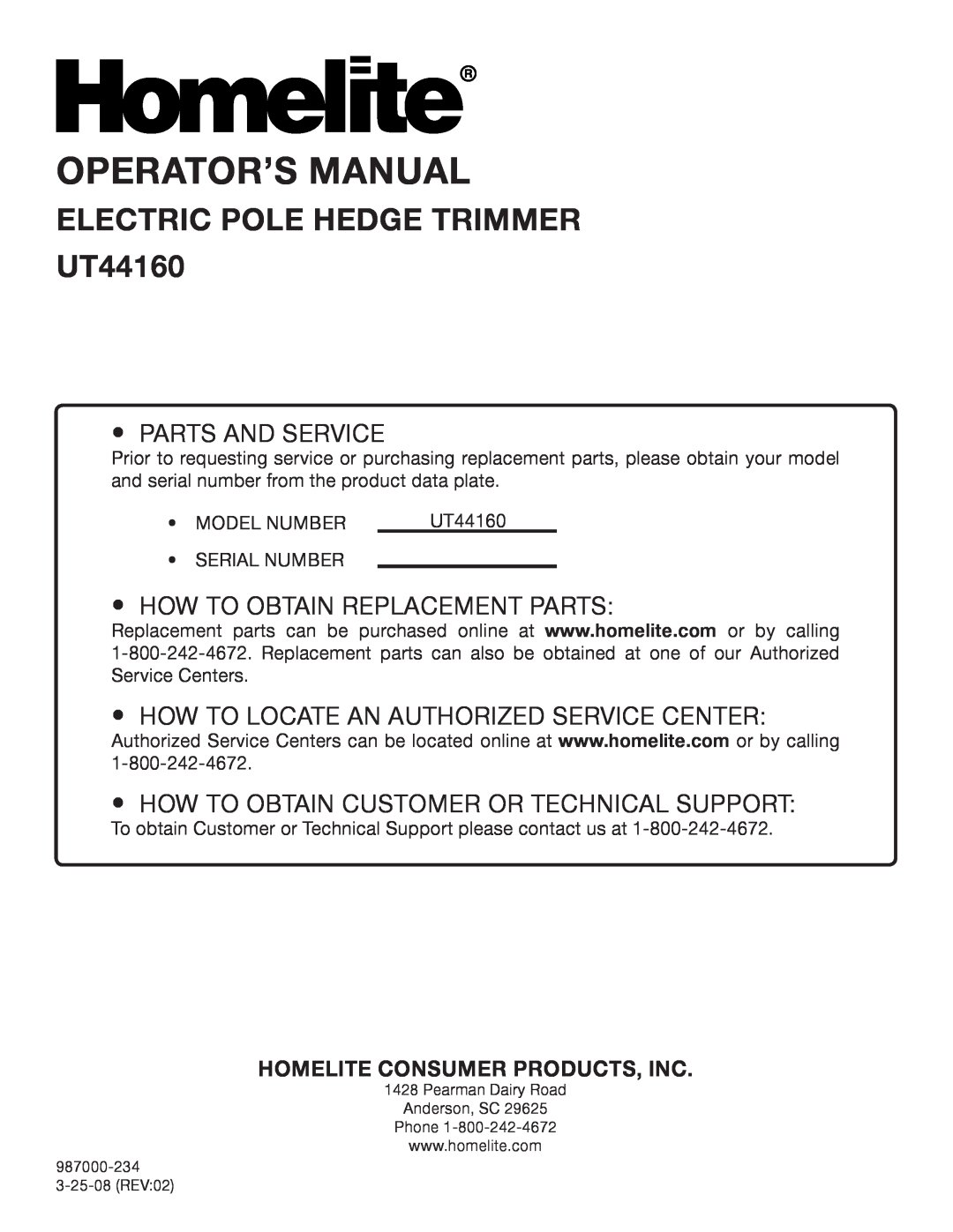 Homelite Operator’S Manual, electric pole hedge trimmer UT44160, Parts and Service, How to obtain Replacement Parts 