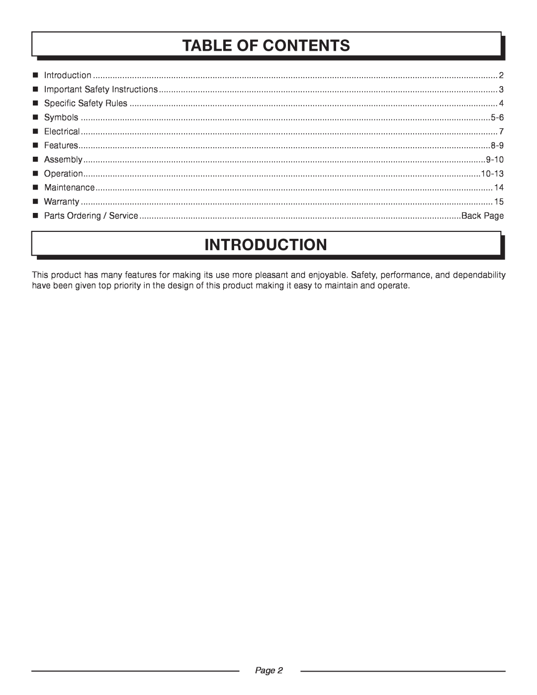 Homelite UT44160 manual Introduction, Table Of Contents, 9-10, 10-13, Back Page, Page  