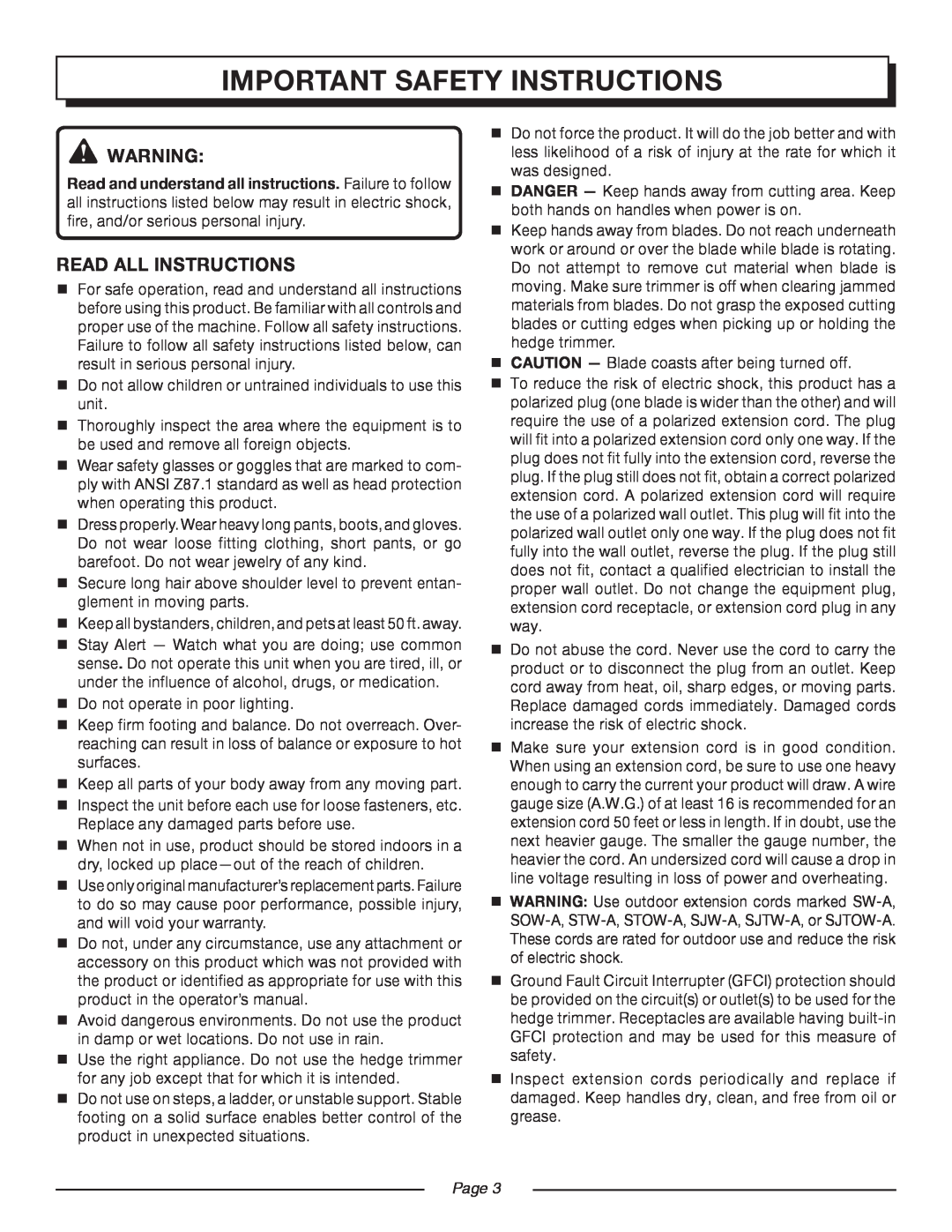 Homelite UT44160 manual important safety instructions, read all instructions, Page  