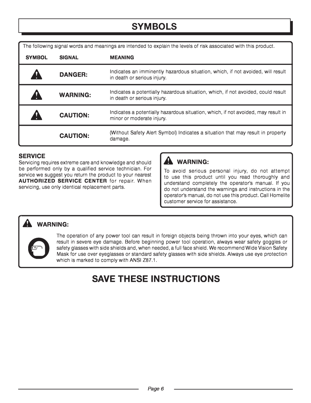 Homelite UT44160 manual Save These Instructions, Danger, Service, Symbols, Signal, Meaning, Page  