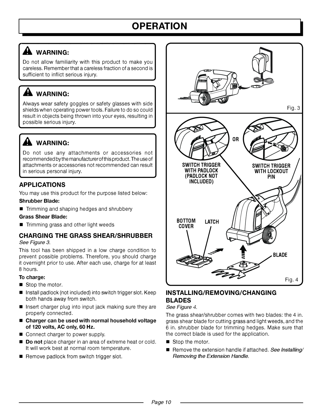 Homelite UT44170 manual Operation, Applications, Charging the Grass SHEAR/SHRUBBER, Installing/removing/CHANGING blades 