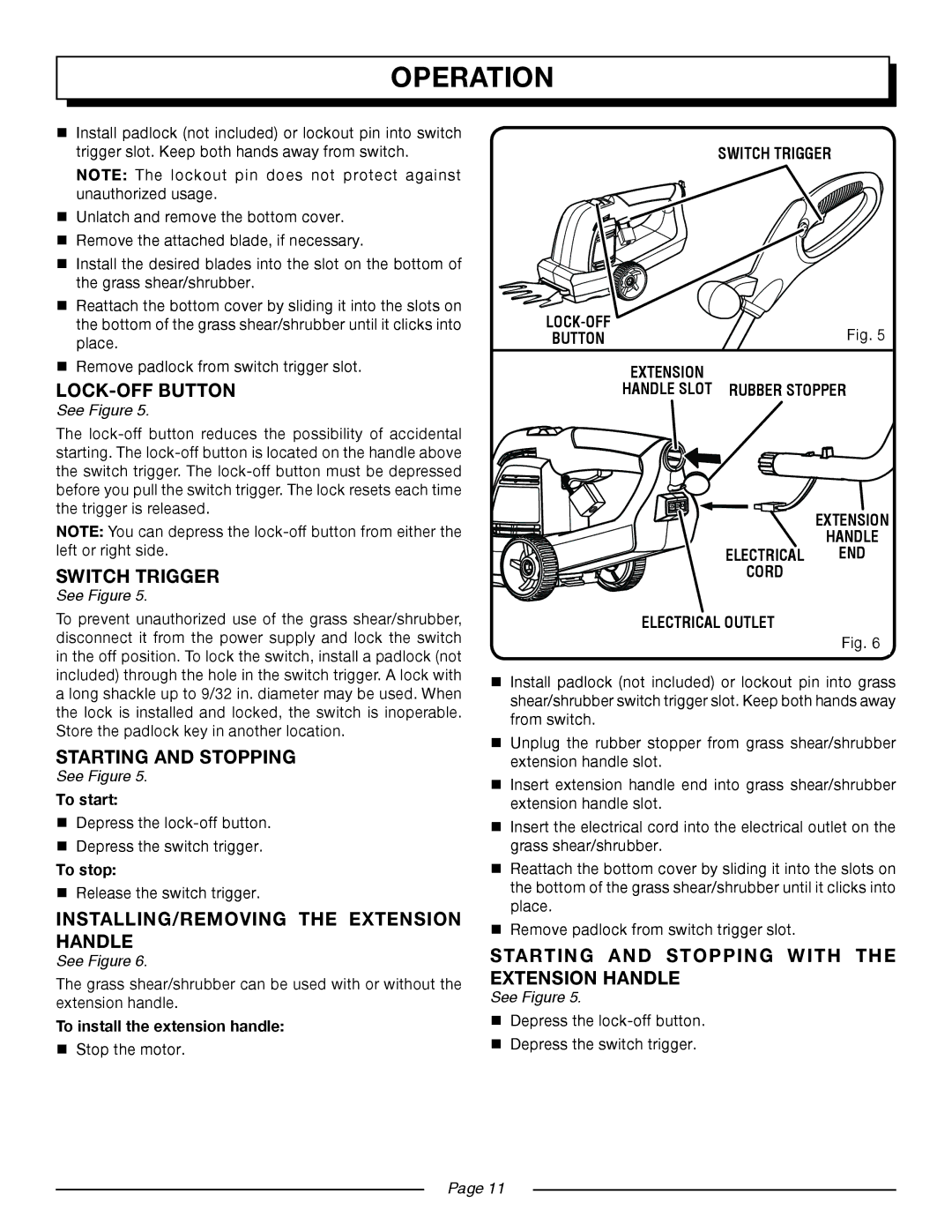 Homelite UT44170 manual Switch Trigger, Starting and Stopping, Installing/removing the extension handle 