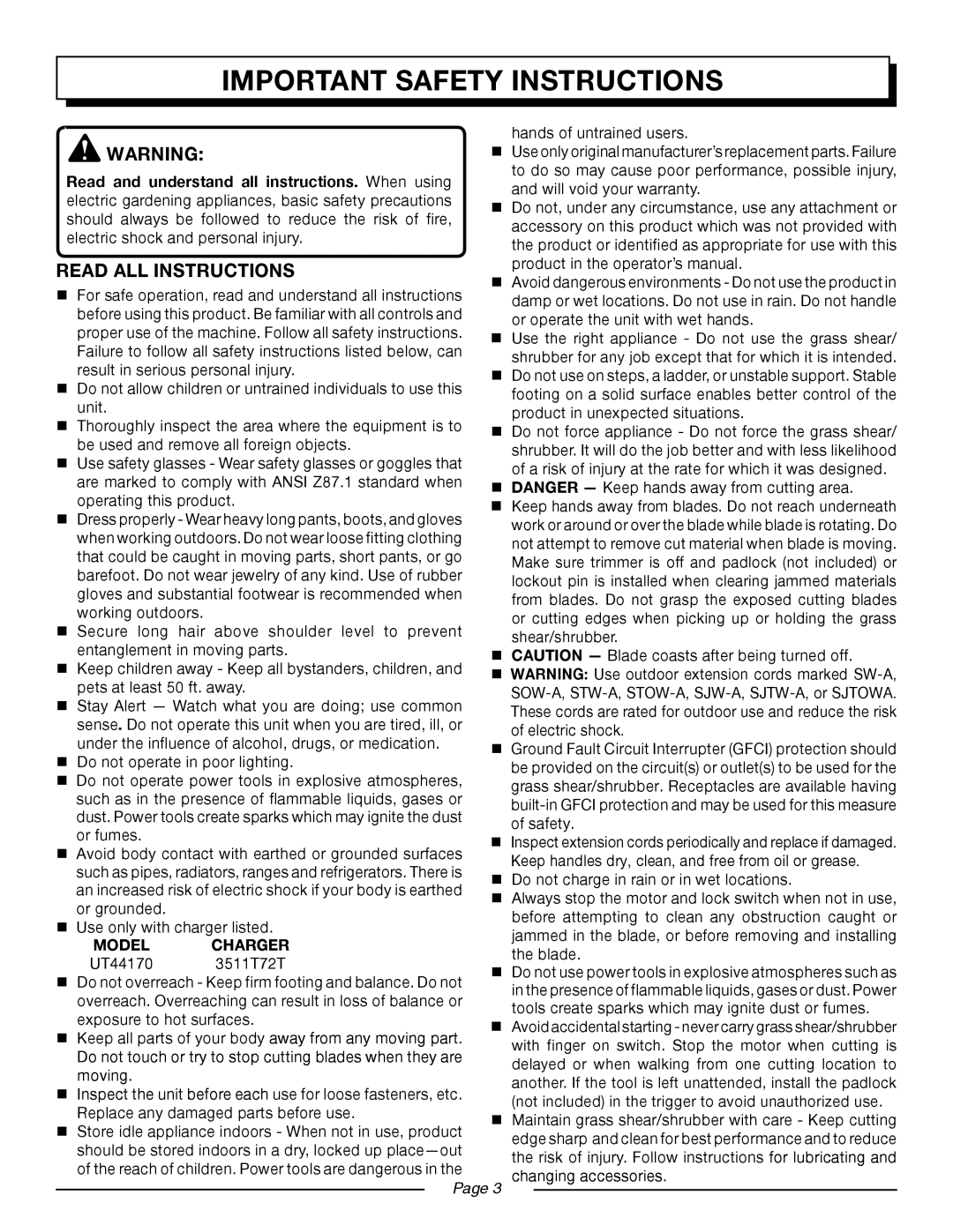 Homelite UT44170 manual Important safety instructions, Read all instructions 