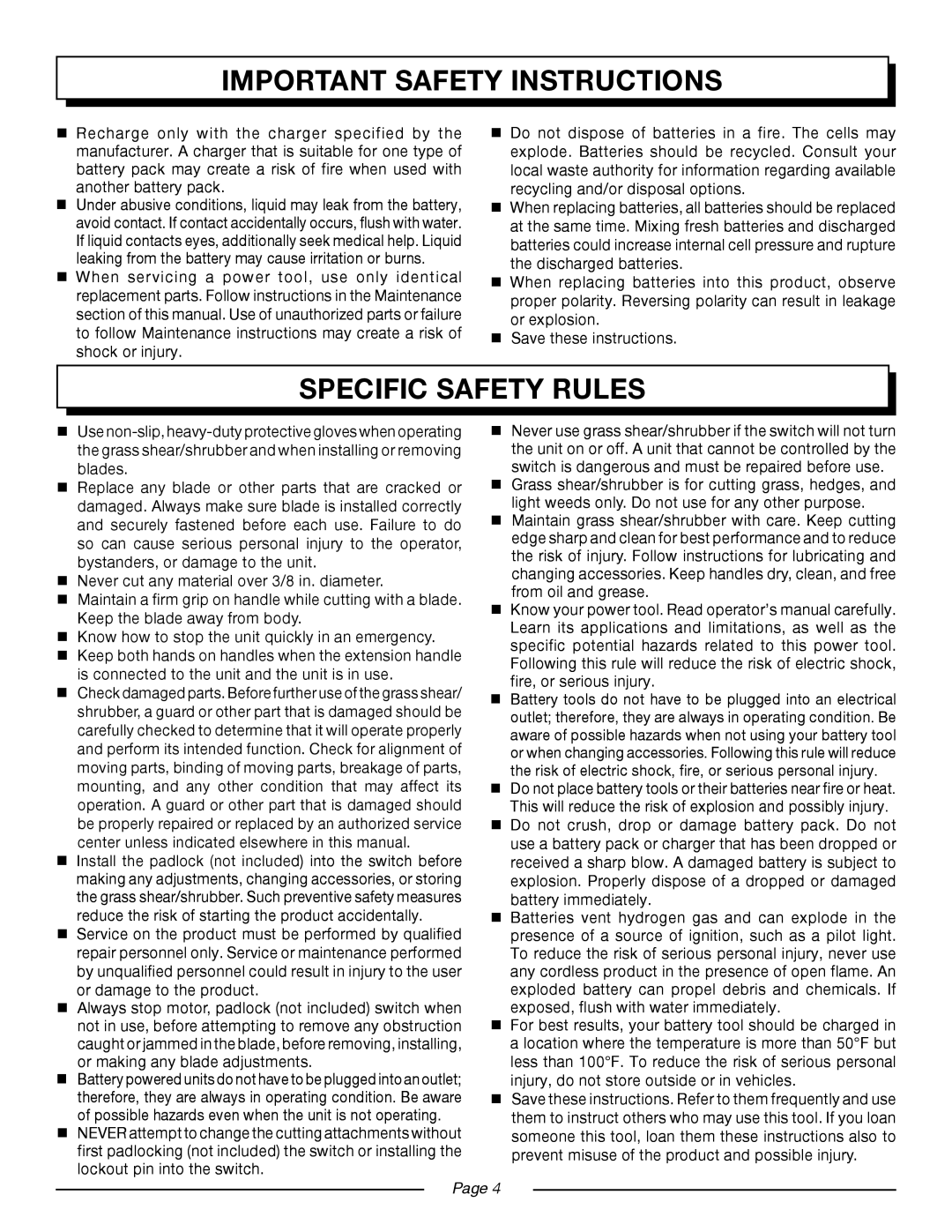 Homelite UT44170 manual Specific Safety Rules 