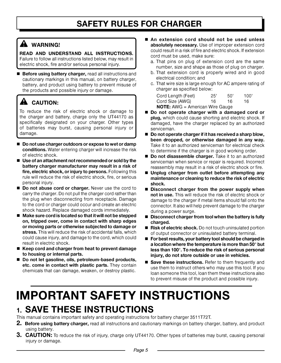 Homelite UT44170 manual Important Safety Instructions, Safety Rules for Charger 