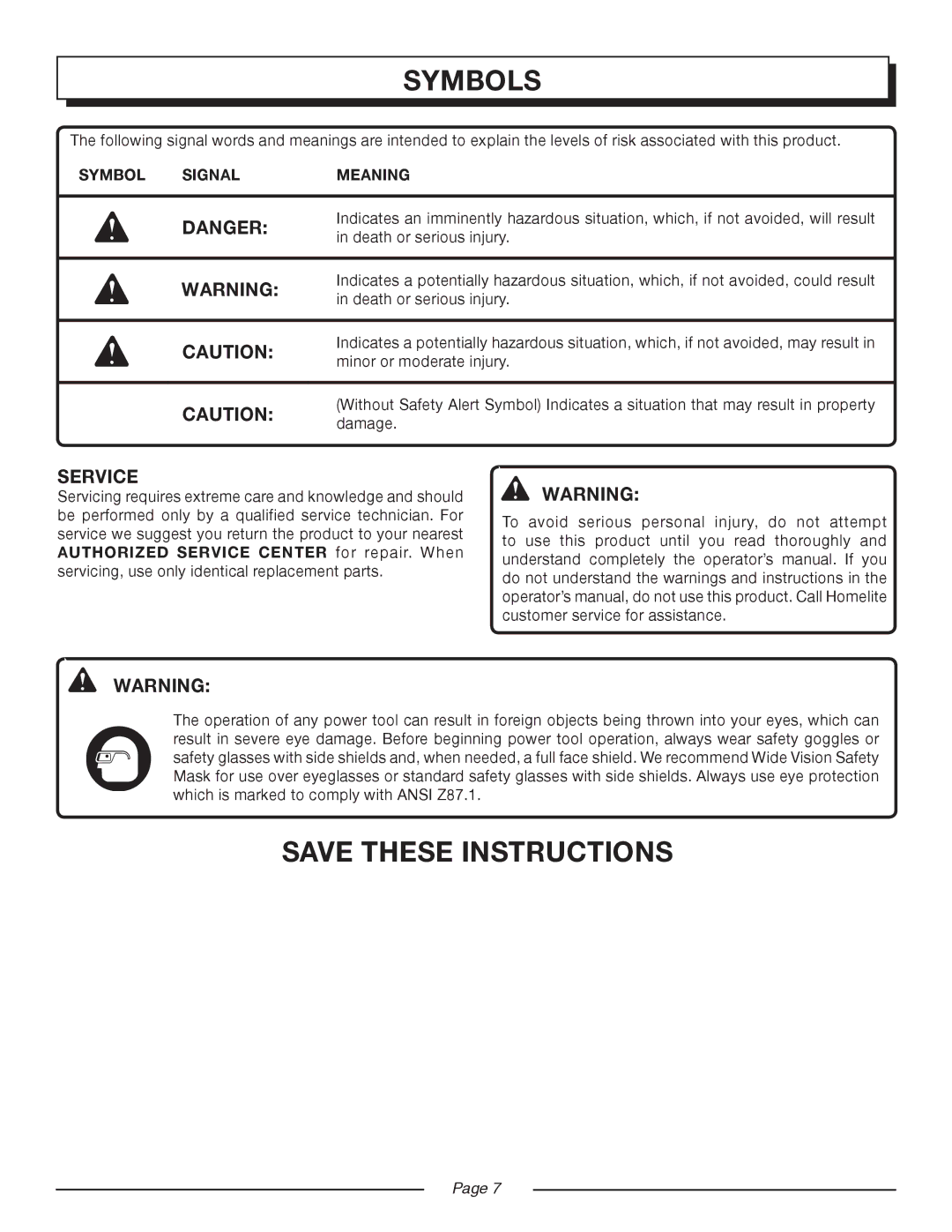 Homelite UT44170 manual Service, Symbol Signal Meaning 